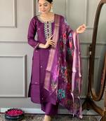 Purple viscosee chanderi fabric readymade suit with embroidery work with printed