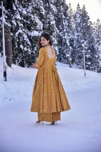 Orange cotton silk fabric beautiful ceremonial attire with digital print