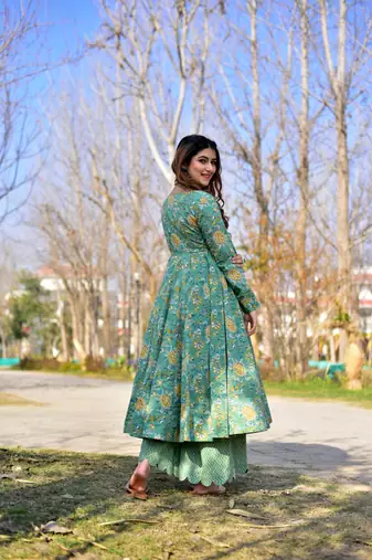 Sea green cotton silk fabric beautiful ceremonial attire with digital print