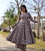 Brown cotton silk embroidered ceremonial attire with digital print