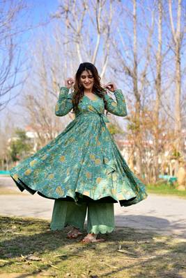 Sea green cotton silk fabric beautiful ceremonial attire with digital print 3