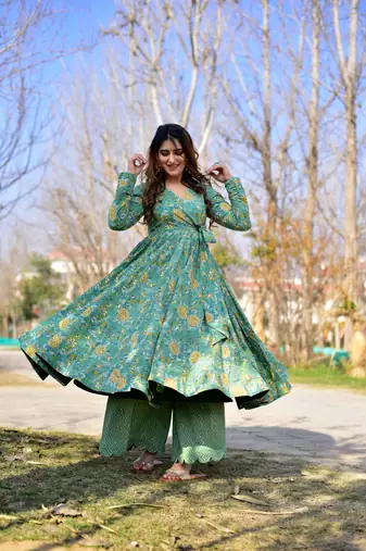 Sea green cotton silk fabric beautiful ceremonial attire with digital print