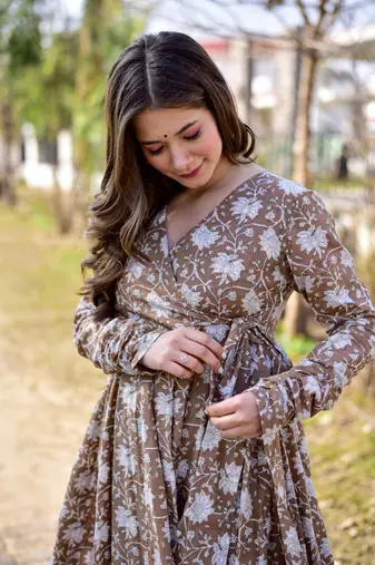 Brown cotton silk fabric beautiful ceremonial attire with digital print