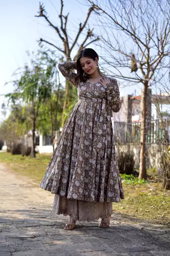 Brown cotton silk fabric beautiful ceremonial attire with digital print
