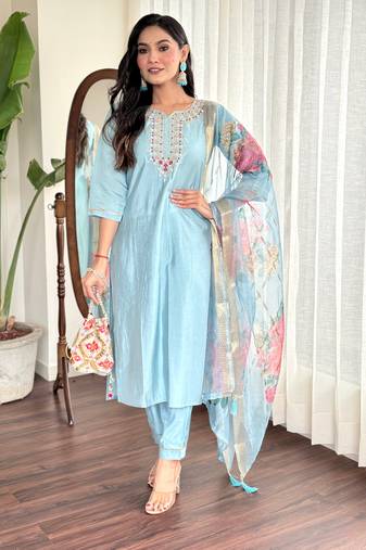 Sky blue viscose chanderi fabric readymade suit with embroidery work with printed