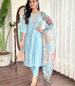 Sky blue viscose chanderi fabric readymade suit with embroidery work with printed
