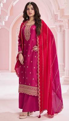 Rani pink georgette silk plus size suits with swarovski diamonds 1