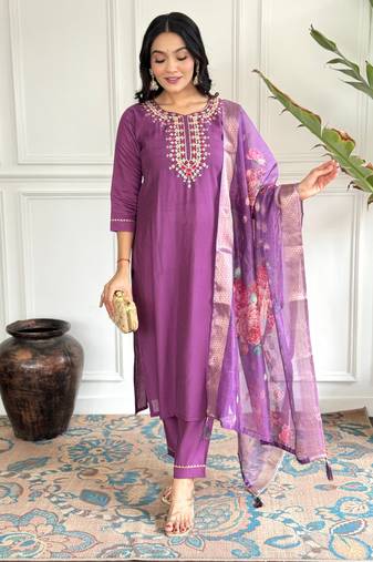 Purple viscose chanderi fabric readymade suit with embroidery work with printed