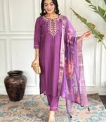 Purple viscosee chanderi fabric readymade suit with embroidery work with printed