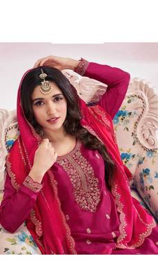 Rani pink georgette silk plus size suits with swarovski diamonds 2