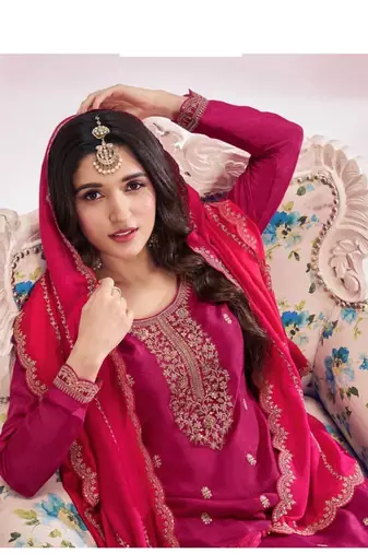 Rani pink georgette silk plus size suits with swarovski diamonds