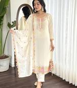 Cream viscosee chanderi fabric readymade suit with embroidery work