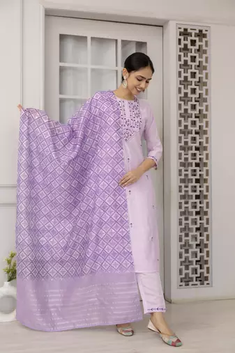 Lavendar viscosee embroidery work ethnic salwar suit