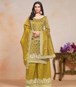 Yellow gold crush fabric embroidery work heavy looks palazzo dress