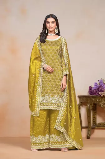 Yellow gold crush fabric embroidery work heavy looks palazzo dress