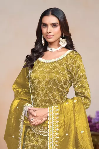 Yellow gold crush fabric embroidery work heavy looks palazzo dress