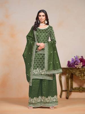 Green gold crush fabric embroidery work heavy looks palazzo dress 1