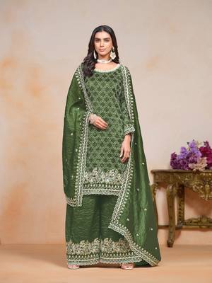 Green gold crush fabric embroidery work heavy looks palazzo dress 2