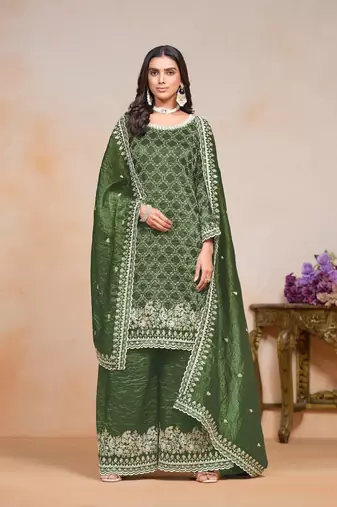 Green gold crush fabric embroidery work heavy looks palazzo dress