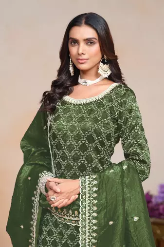 Green gold crush fabric embroidery work heavy looks palazzo dress