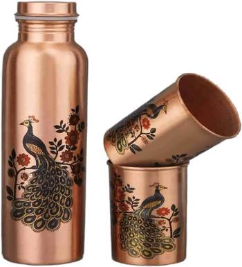 Voidrop peacock design 1 ltr leak proof pure copper water bottle set with 2 glasses-copper bottle peacock design 1