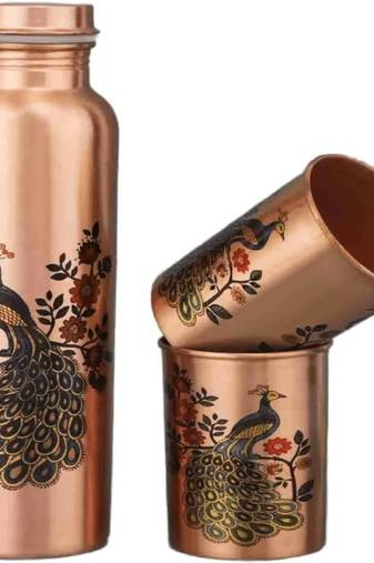 Voidrop peacock design 1 ltr leak proof pure copper water bottle set with 2 glasses-copper bottle peacock design