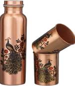 Voidrop peacock design 1 ltr leak proof pure copper water bottle set with 2 glasses-copper bottle peacock design