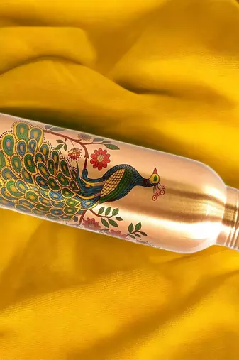 Voidrop peacock design 1 ltr leak proof pure copper water bottle set with 2 glasses-copper bottle peacock design