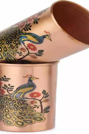 Voidrop peacock design 1 ltr leak proof pure copper water bottle set with 2 glasses-copper bottle peacock design