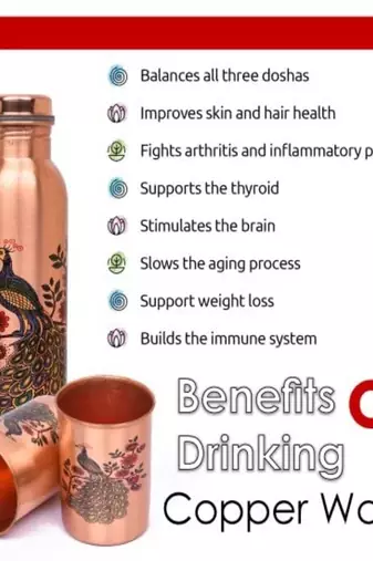Voidrop peacock design 1 ltr leak proof pure copper water bottle set with 2 glasses-copper bottle peacock design