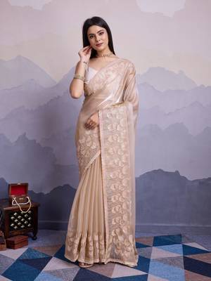 Beige jimmi silk blend c thread sequins embroidery work heavy ceremonial saree 1
