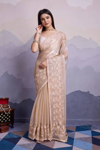 Beige jimmi silk c thread sequins embroidery work heavy ceremonial saree