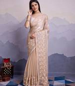 Beige jimmi silk c thread sequins embroidery work heavy ceremonial saree