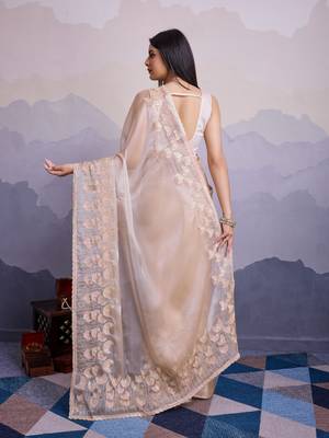 Beige jimmi silk blend c thread sequins embroidery work heavy ceremonial saree 2