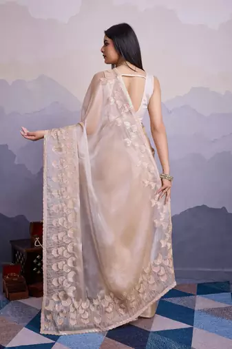 Beige jimmi silk blend c thread sequins embroidery work heavy ceremonial saree