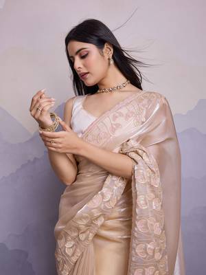 Beige jimmi silk blend c thread sequins embroidery work heavy ceremonial saree 3