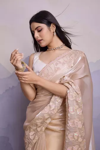 Beige jimmi silk blend c thread sequins embroidery work heavy ceremonial saree