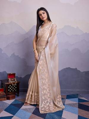 Beige jimmi silk blend c thread sequins embroidery work heavy ceremonial saree 4