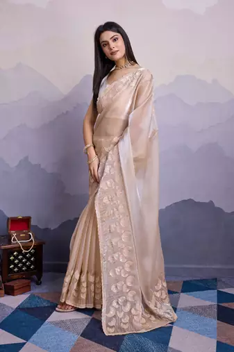 Beige jimmi silk blend c thread sequins embroidery work heavy ceremonial saree