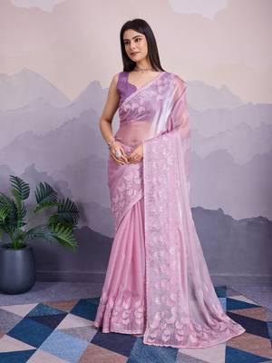 Purple jimmi silk blend c thread sequins embroidery work heavy ceremonial saree 1