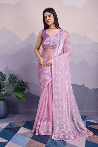 Purple jimmi silk c thread sequins embroidery work heavy ceremonial saree