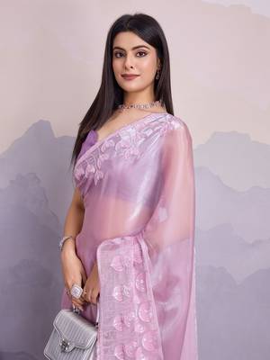 Purple jimmi silk blend c thread sequins embroidery work heavy ceremonial saree 3