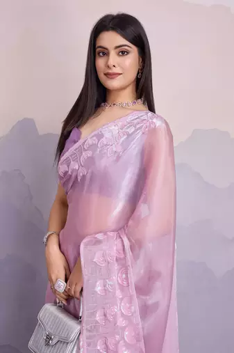 Purple jimmi silk blend c thread sequins embroidery work heavy ceremonial saree