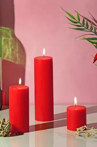 VoiDrop Pure Wax Cinnamon Fragranced (Cinnamon) Pillar Candles, Set of 3 Scented Pillar Candles Red