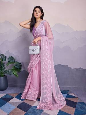 Purple jimmi silk blend c thread sequins embroidery work heavy ceremonial saree 4