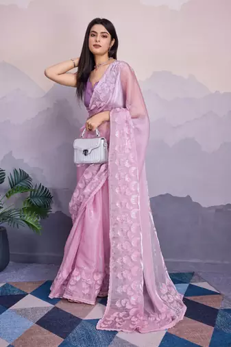 Purple jimmi silk blend c thread sequins embroidery work heavy ceremonial saree