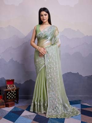 Pista jimmi silk blend c thread sequins embroidery work heavy ceremonial saree 1