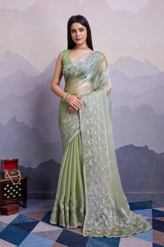 Pista jimmi silk c thread sequins embroidery work heavy ceremonial saree