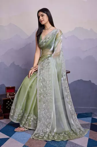 Pista jimmi silk blend c thread sequins embroidery work heavy ceremonial saree
