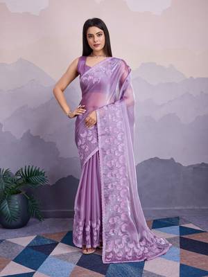Lavender jimmi silk blend c thread sequins embroidery work heavy ceremonial saree 1